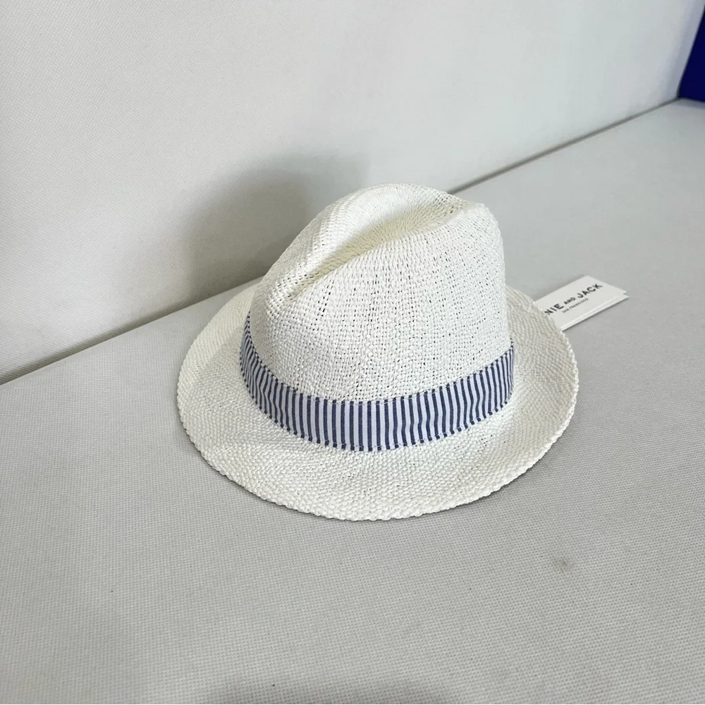 Janie And Jack Fedora Straw Hat Blue Striped Around Detail Kids Size 6-12 Months